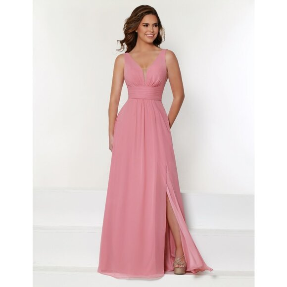 Long Dusty Rose Chiffon Bridesmaid Dress. Deep V. Pockets. Size 12 - Picture 1 of 8